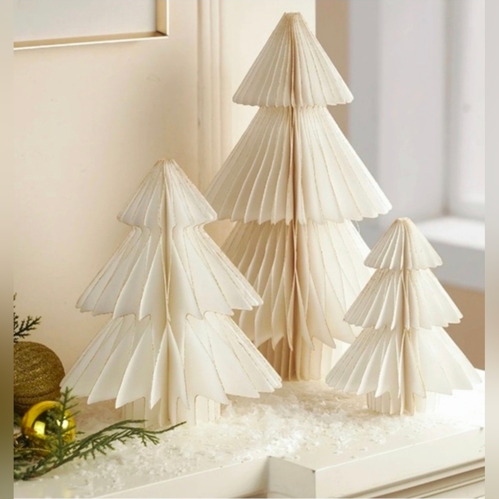 New Holiday Set of 3 honeycomb White Paper Tree Winter Christmas Tabletop Decor